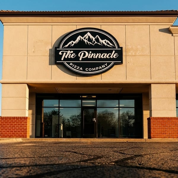 Exterior of The Pinnacle Pizza Company, featuring its prominent black and white mountain logo above glass doors.