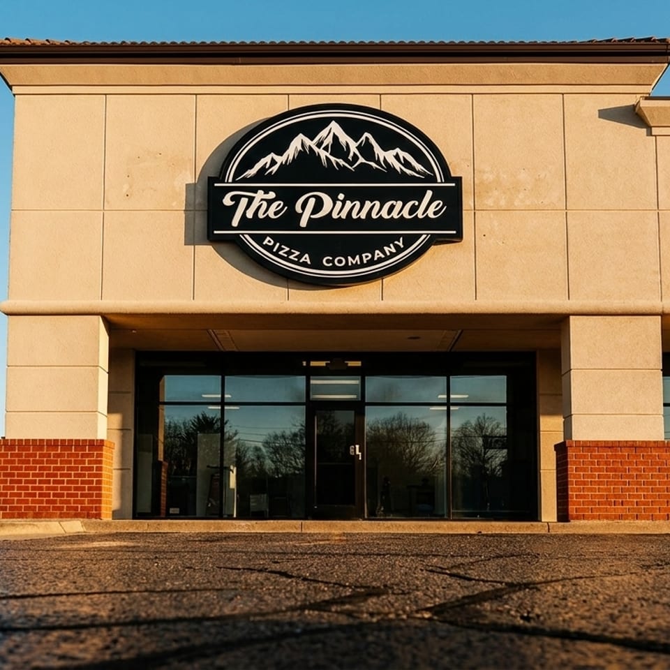 Exterior of The Pinnacle Pizza Company, featuring its prominent black and white mountain logo above glass doors.